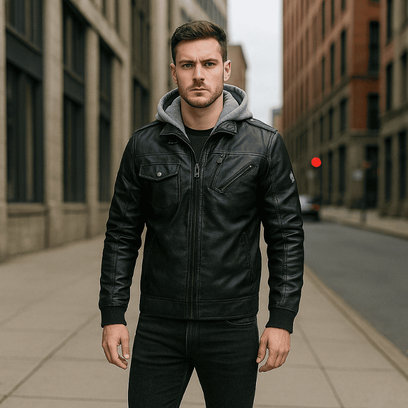 Jaqueta de Couro Masculina com Capuz Removivel