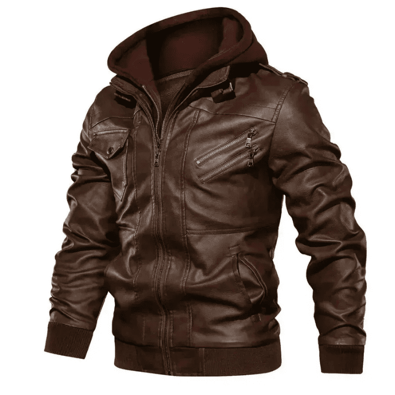 Jaqueta de Couro Masculina com Capuz Removivel