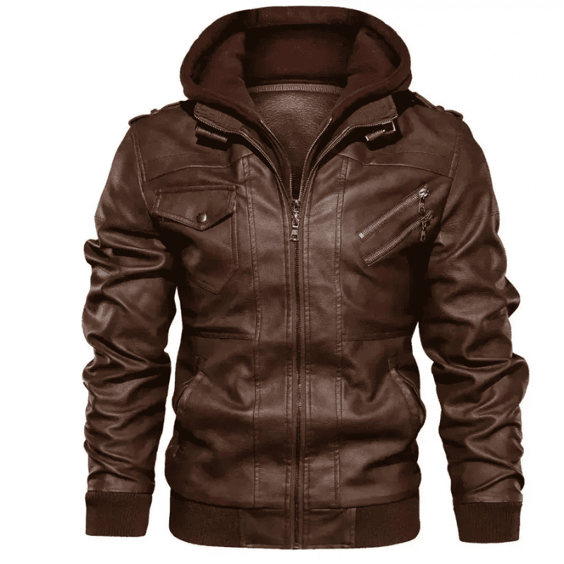 Jaqueta de Couro Masculina com Capuz Removivel