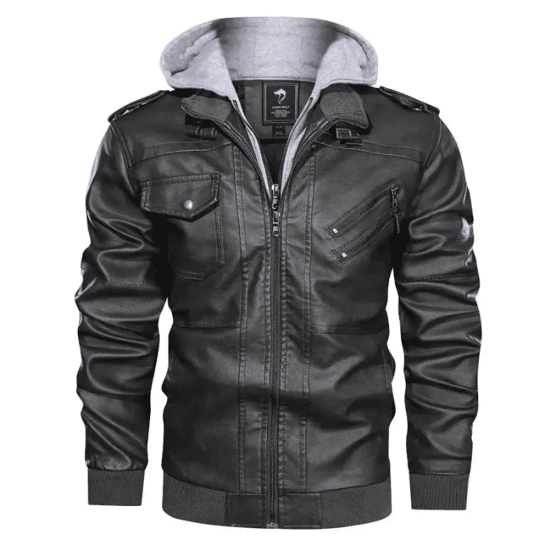 Jaqueta de Couro Masculina com Capuz Removivel