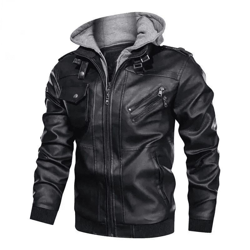 Jaqueta de Couro Masculina com Capuz Removivel