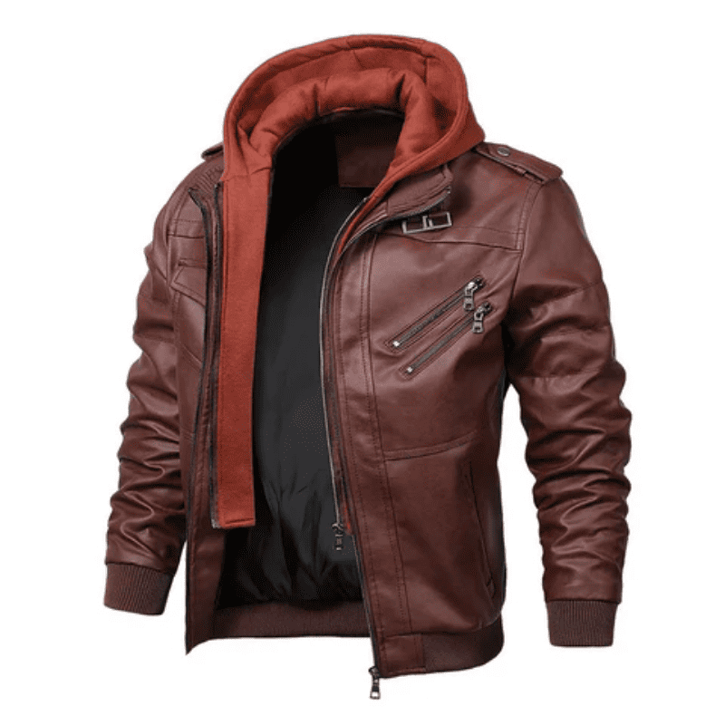 Jaqueta de Couro Masculina com Capuz Removivel