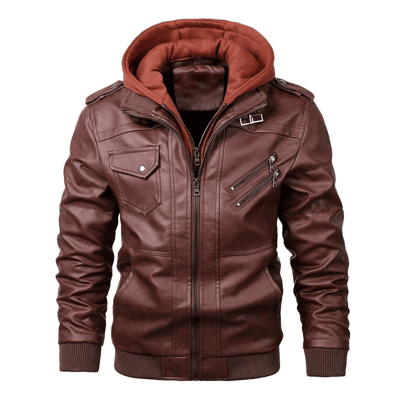 Jaqueta de Couro Masculina com Capuz Removivel